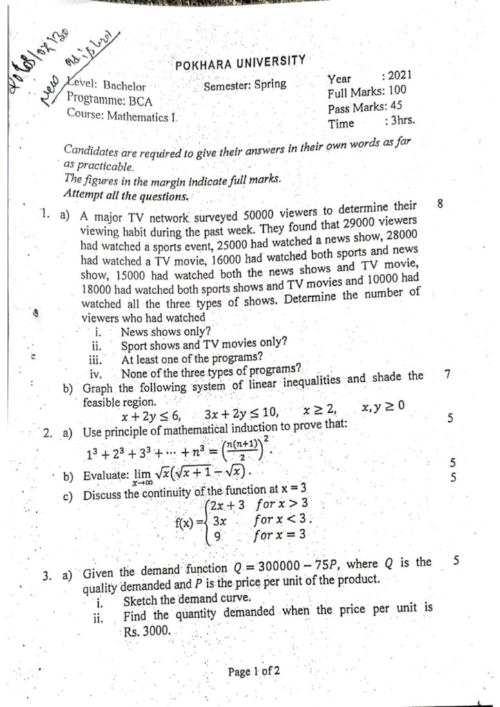 Pokhara University Bca Mathematics Question Paper St Semester