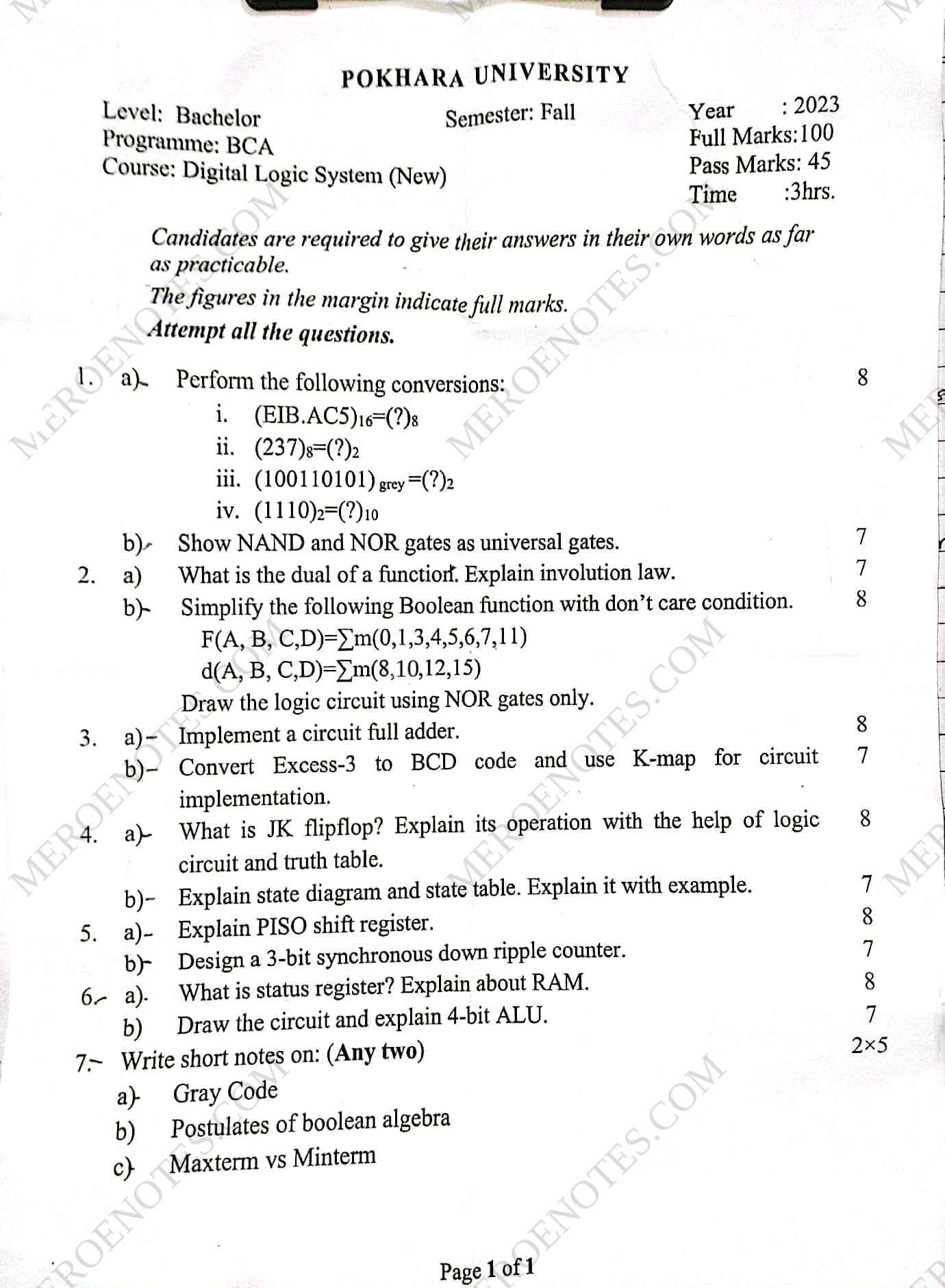 PU BCA 1st Sem Digital Logic System Question Paper (2020-24) - Mero Enotes