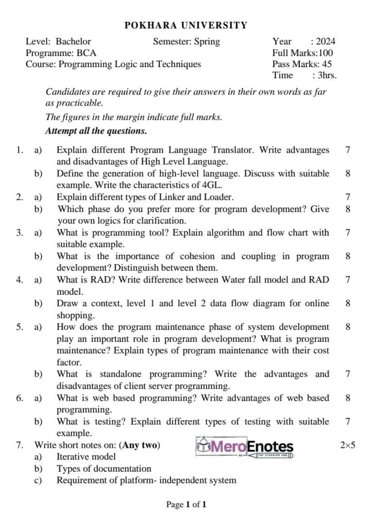 PU BCA 1st Sem Programming Logic and Technique Question paper - Mero Enotes