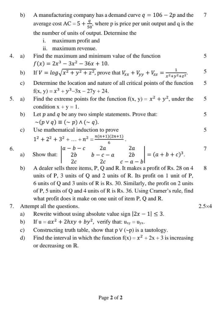 BCA Mathematics I Question paper 1st semester