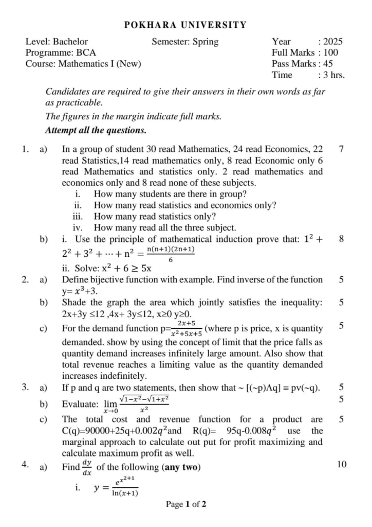 BCA Mathematics I Question paper 1st semester