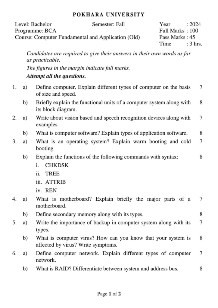 PU BCA 1st Sem Computer Fundamental & Application Question paper
