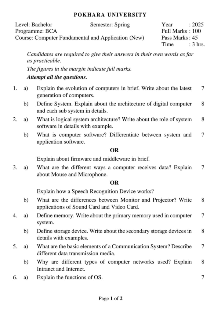 PU BCA 1st Sem Computer Fundamental & Application Question paper