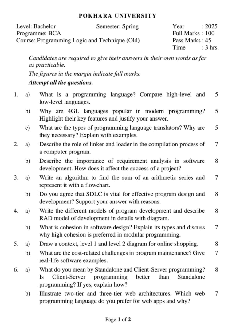 PU BCA 1st Sem Programming Logic and Technique Question paper - Mero Enotes