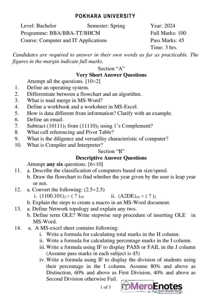 BBA BBA-IT and BHCM Computer and IT application Question Paper 2024