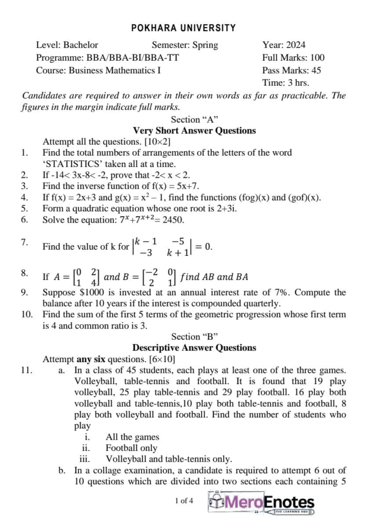 BBA BBA-BI BBA-IT PU Business Mathematics I Question Paper 2024