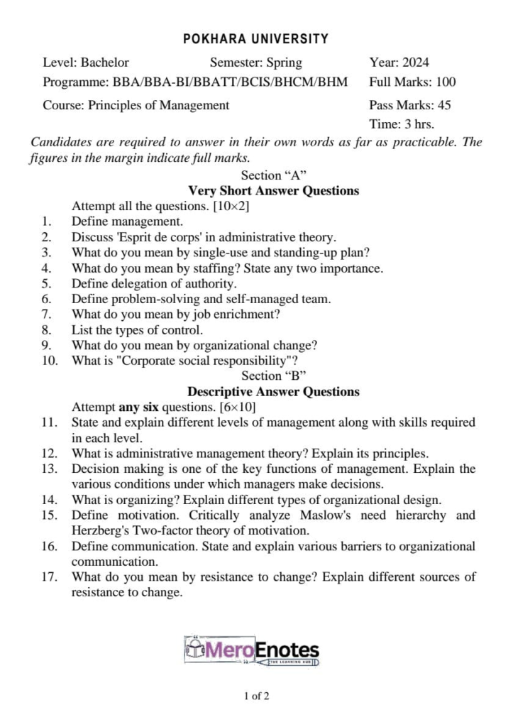 Pokhara University BBA First Semester Question Paper 2024