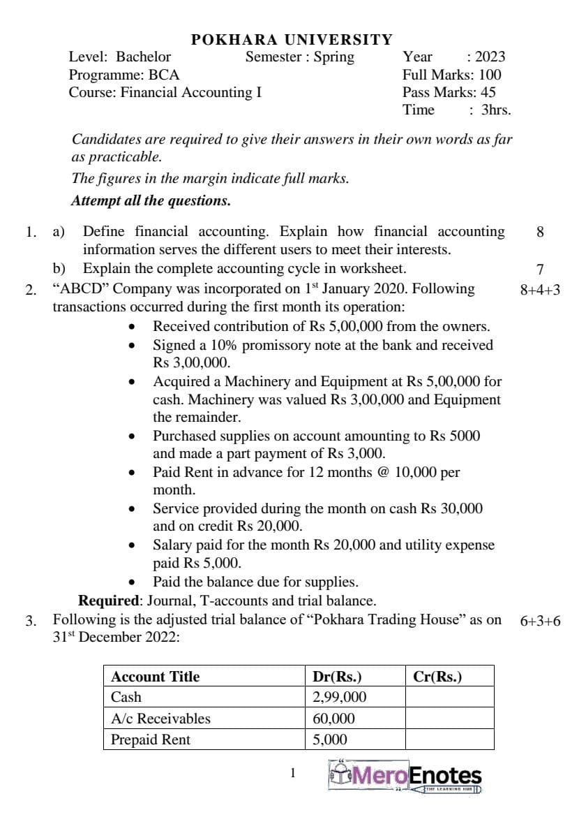 Pokhara University BCA Financial Accounting Question paper 2nd semester ...