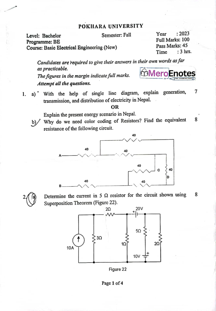 PU BE Computer Basic Electrical Engineering Question paper 1st Semester