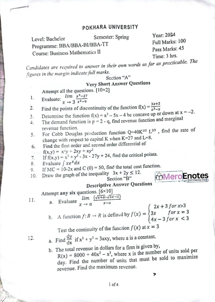 BBA BBA-BI BBA-IT PU Business Mathematics II Question Paper 2024