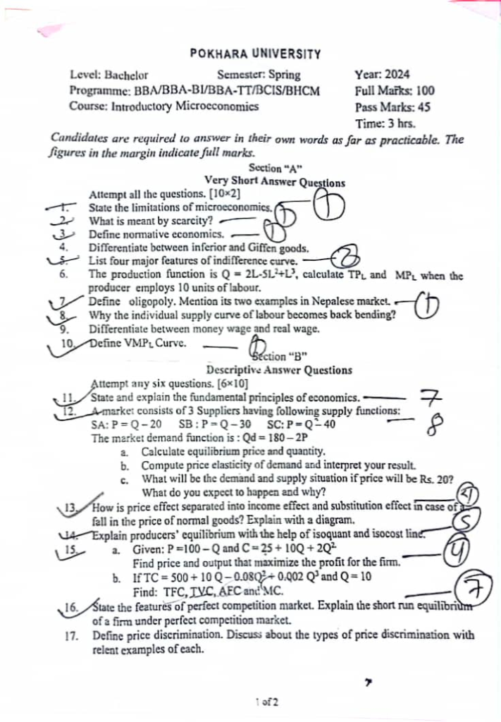 BBA BBA-BI BBA-IT BCIS BHCM PU Introductory Microeconomics Question Paper 2024