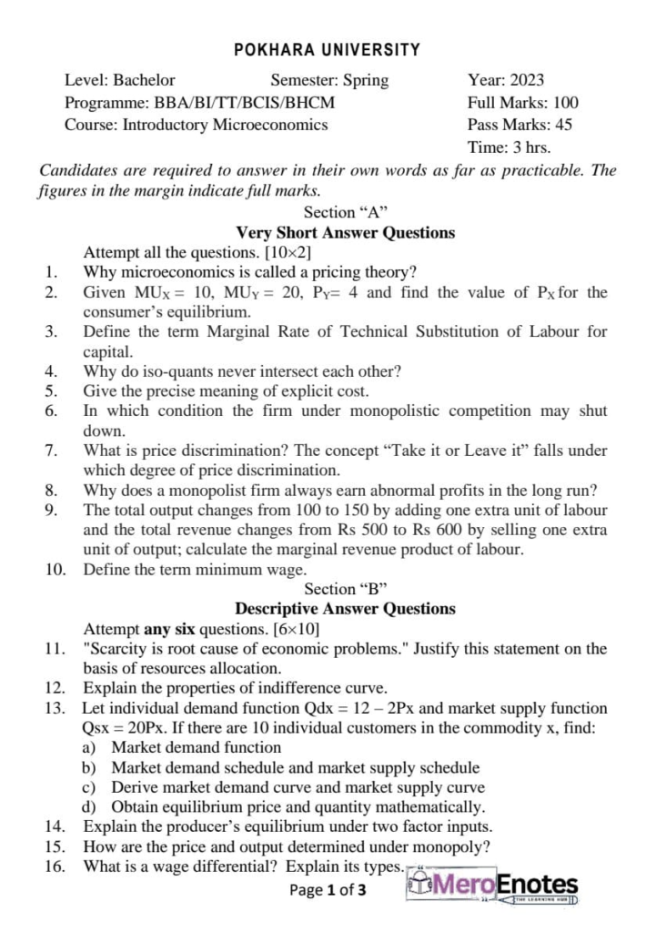 Introductory Microeconomics Question Paper 2023