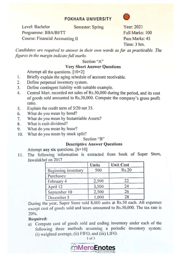 Financial Accounting II Question Paper 2021