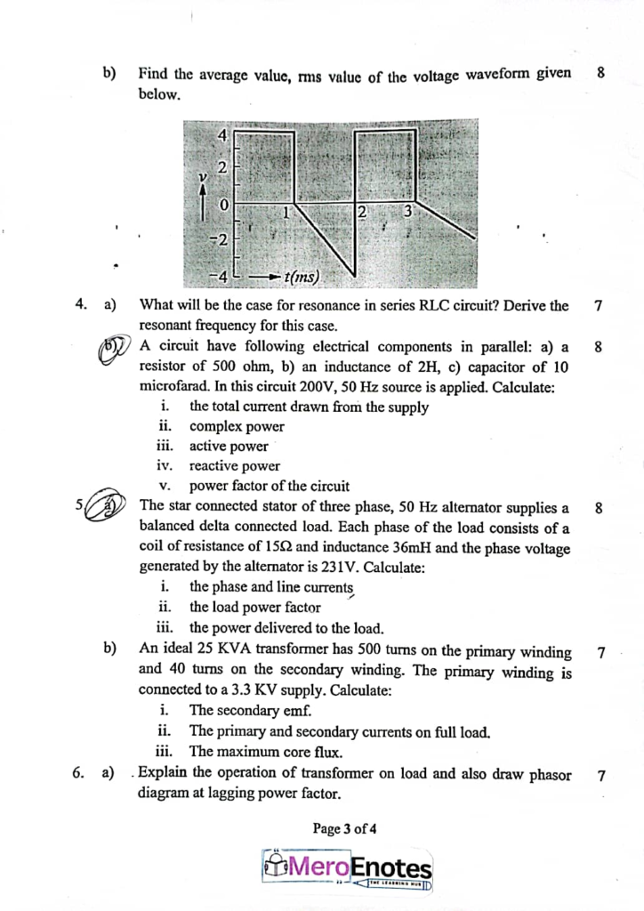 PU BE Computer Basic Electrical Engineering Question paper 1st Semester