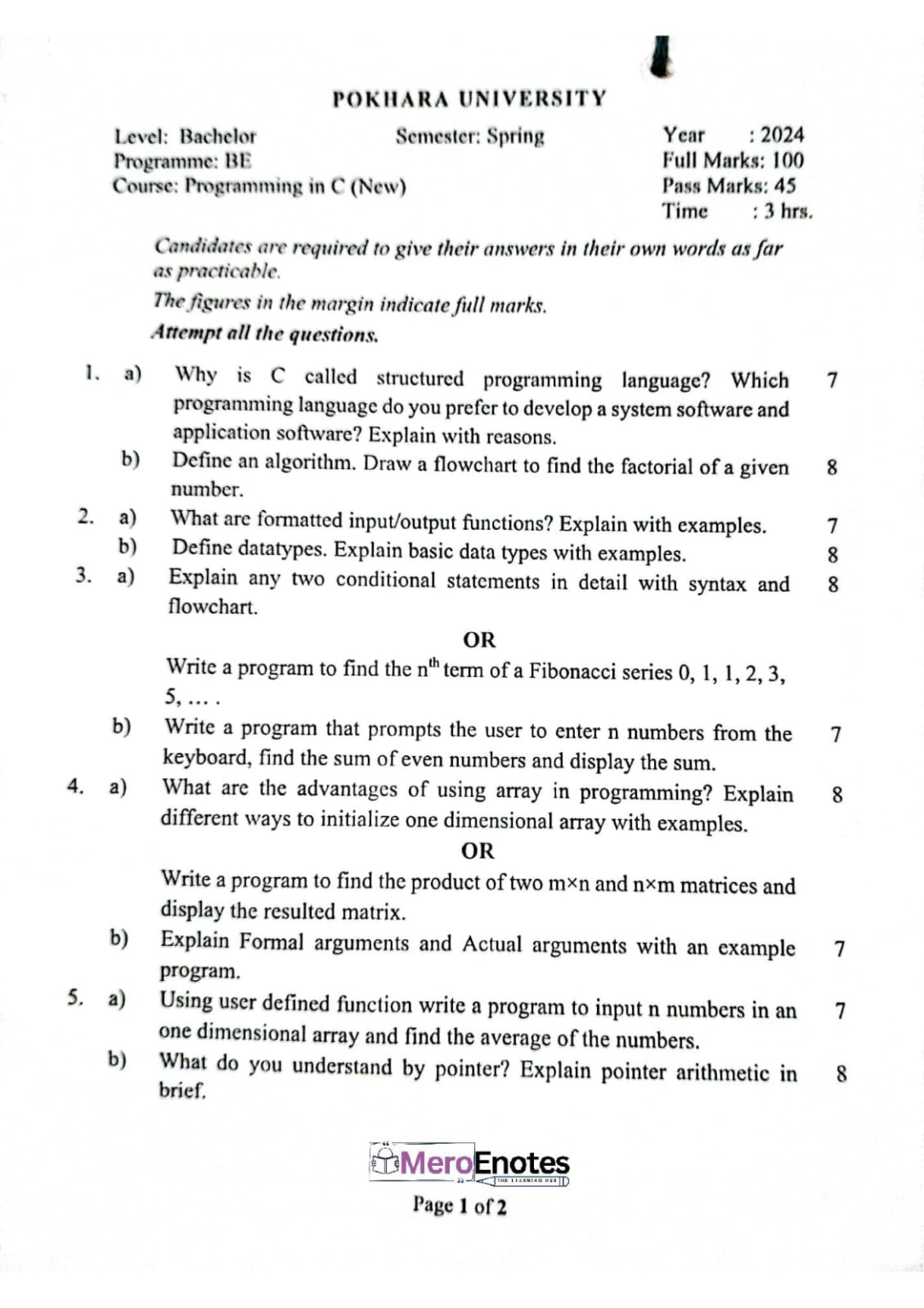 PU BE Computer Programming In C Question paper 1st Semester - Mero Enotes