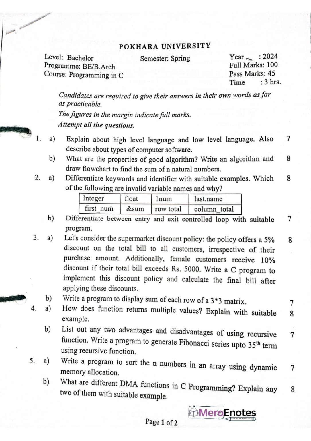 PU BE Computer Programming In C Question paper 1st Semester - Mero Enotes