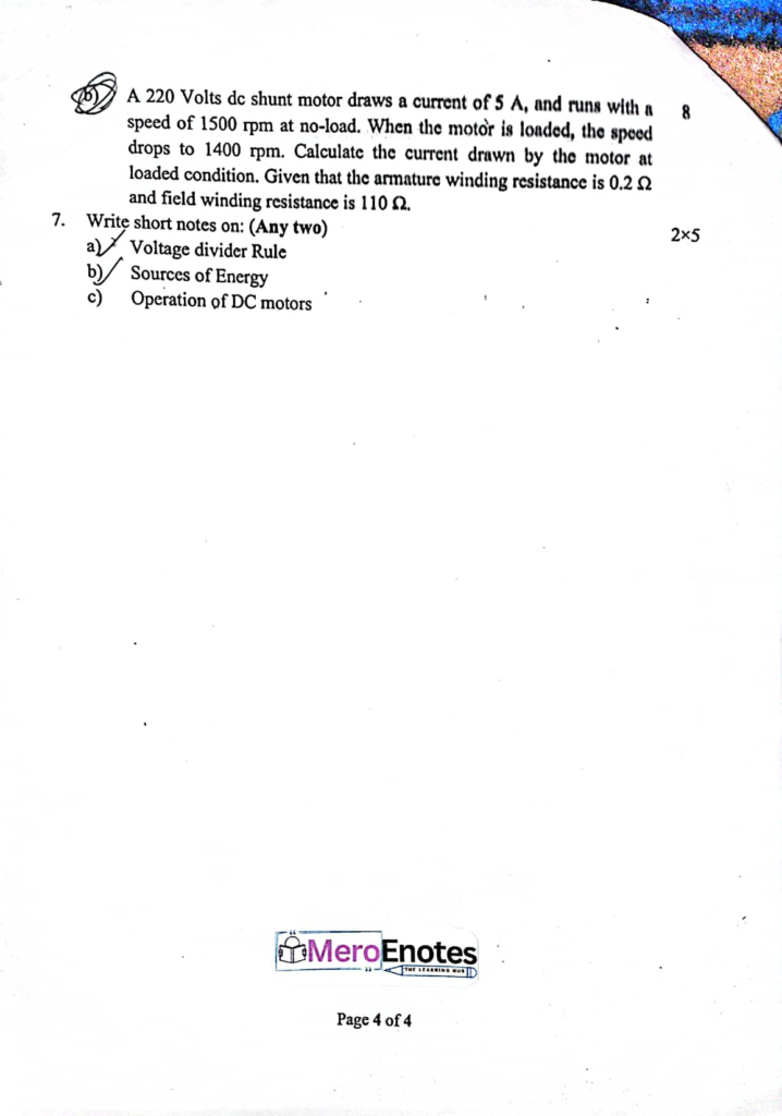 PU BE Computer Basic Electrical Engineering Question paper 1st Semester