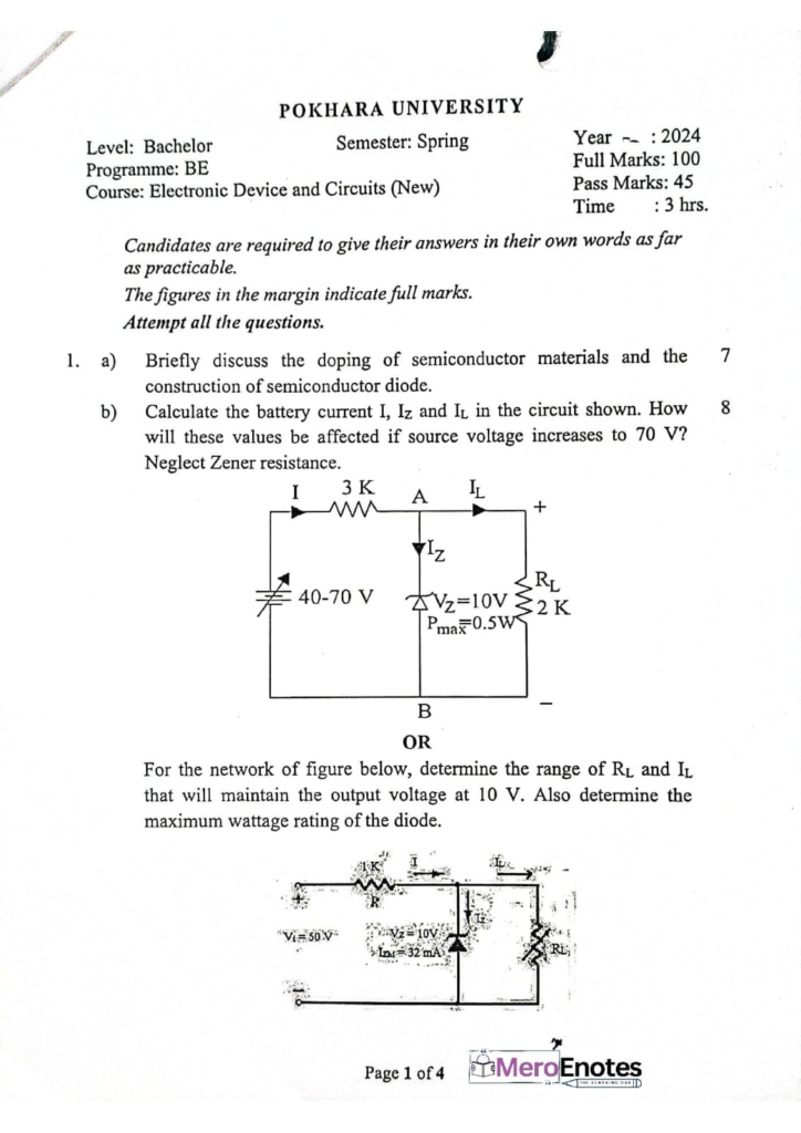 PU BE Computer Electronic Device and Circuits Question paper 1st Semester