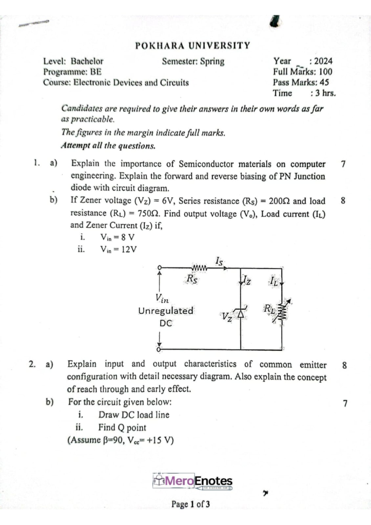 PU BE Computer Electronic Device and Circuits Question paper 1st Semester