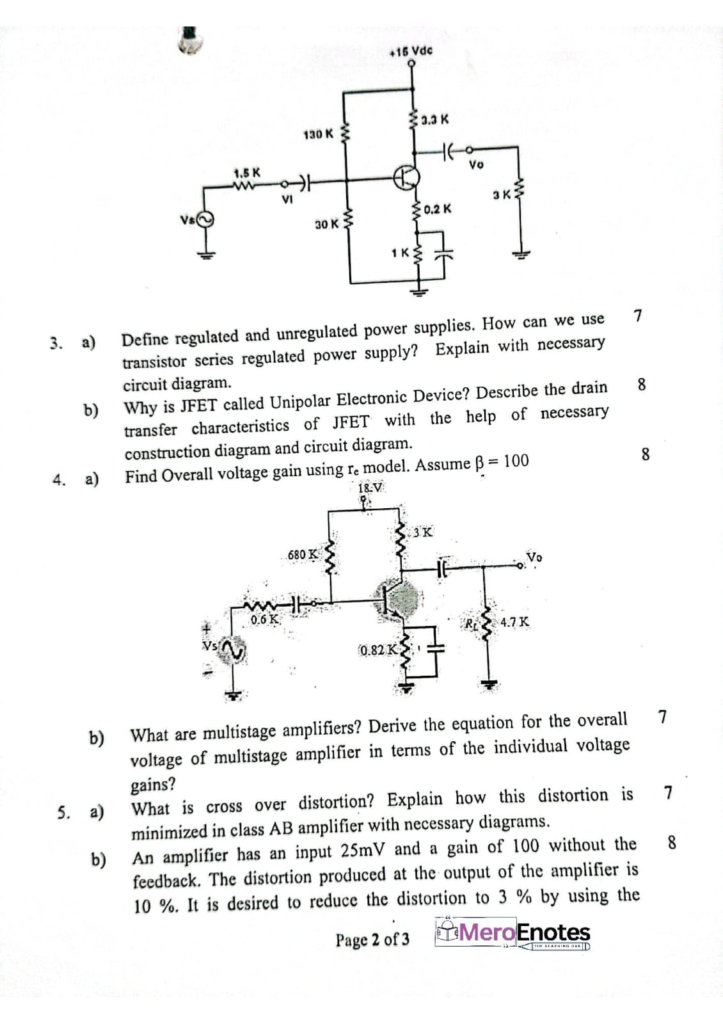 PU BE Computer Electronic Device and Circuits Question paper 1st Semester