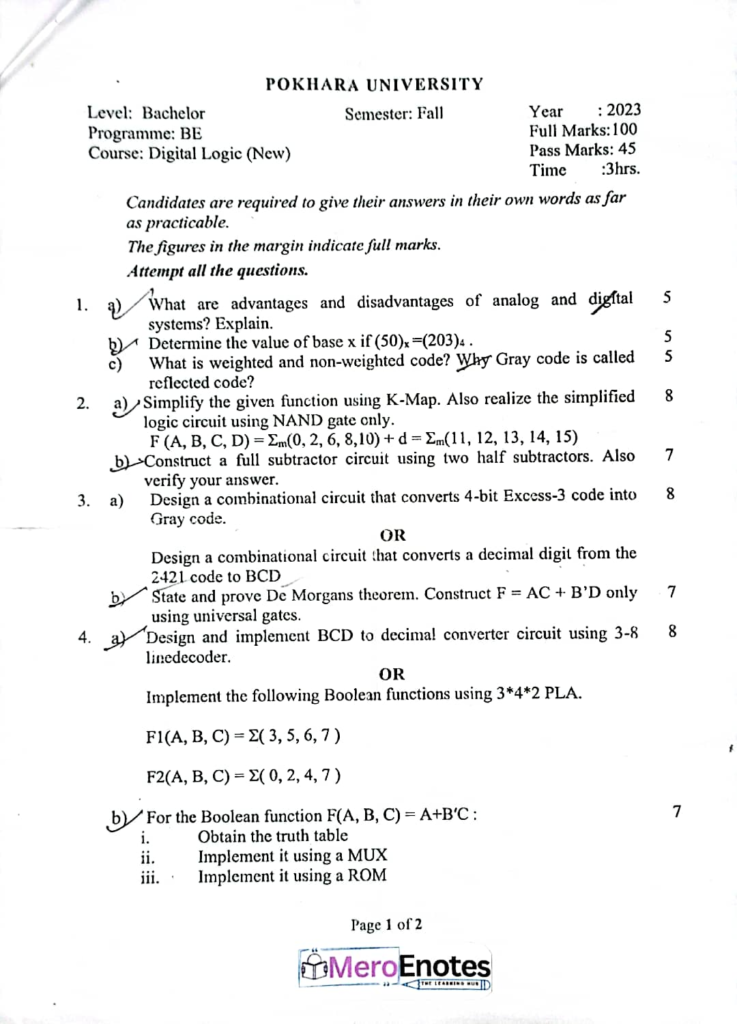PU BE Computer Digital Logic Question paper 1st Sem (2023 Fall)
