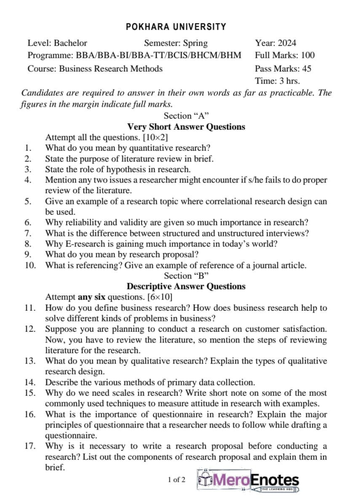 PU BBA BBA-BI BBA-TT BCIS BHCM BHM Business Research Methods Question Paper 