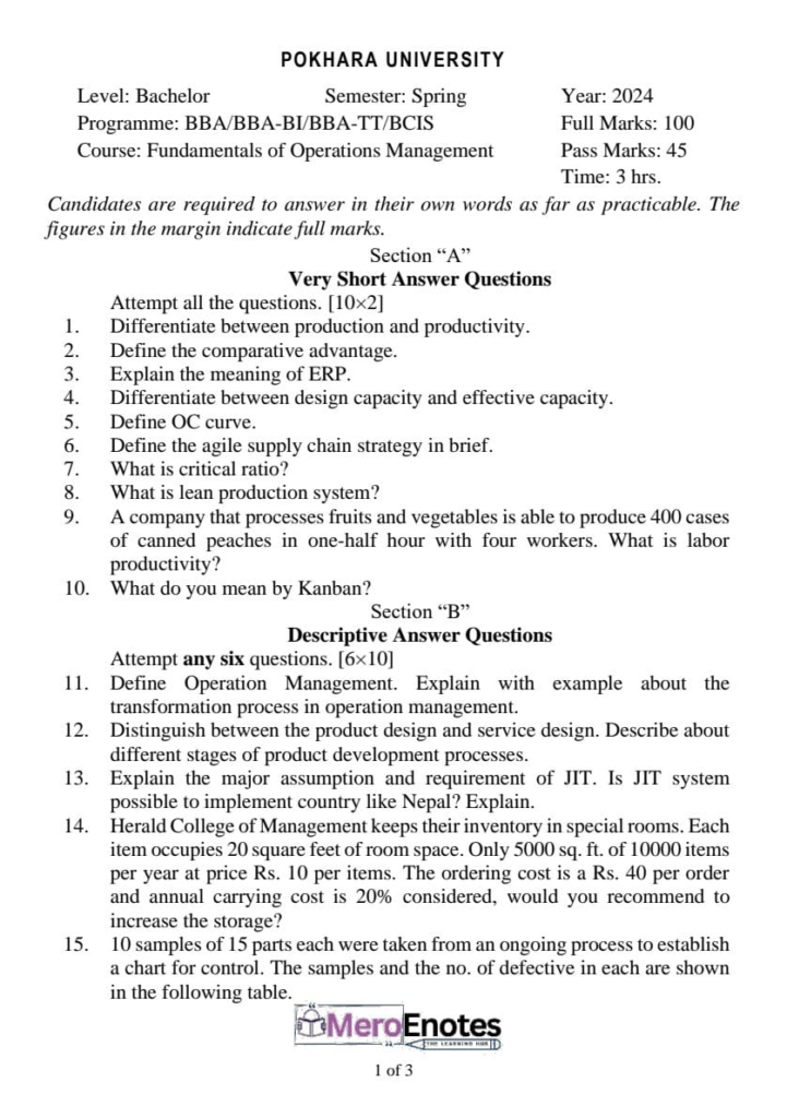 PU BBA BBA-BI BBA-TT BCIS Fundamentals of Operations Management Question Paper