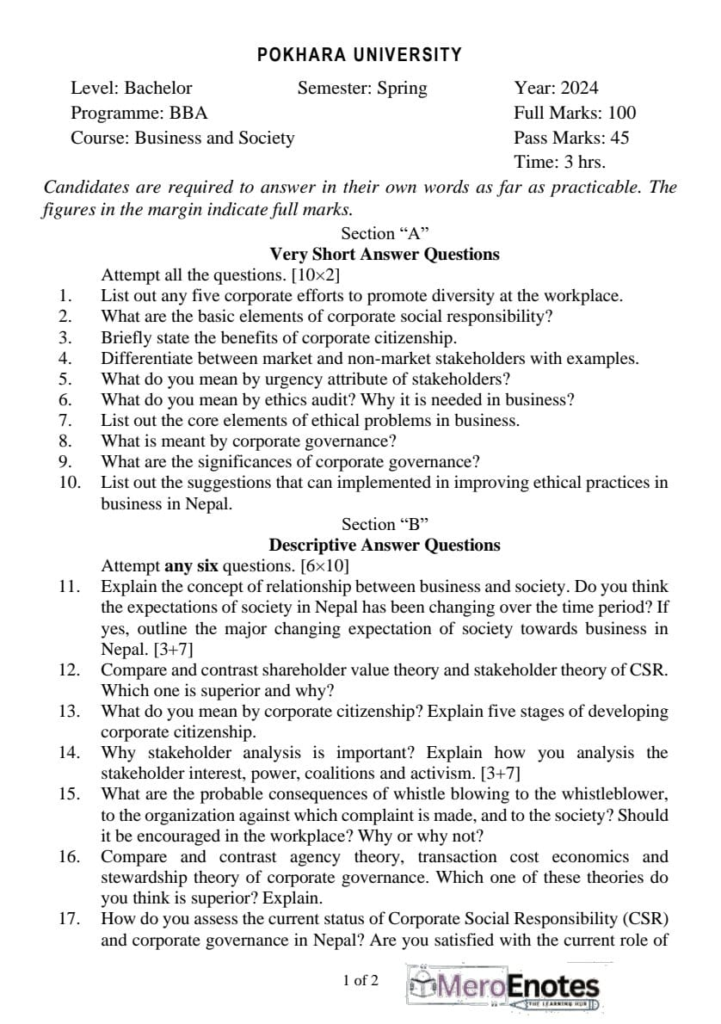 PU BBA Business and Society Question Paper