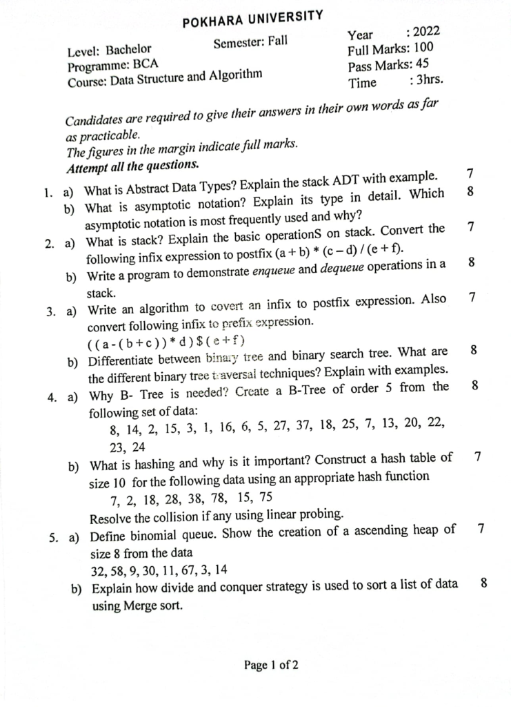 Pokhara University PU BCA DSA Question Paper 3rd Semester