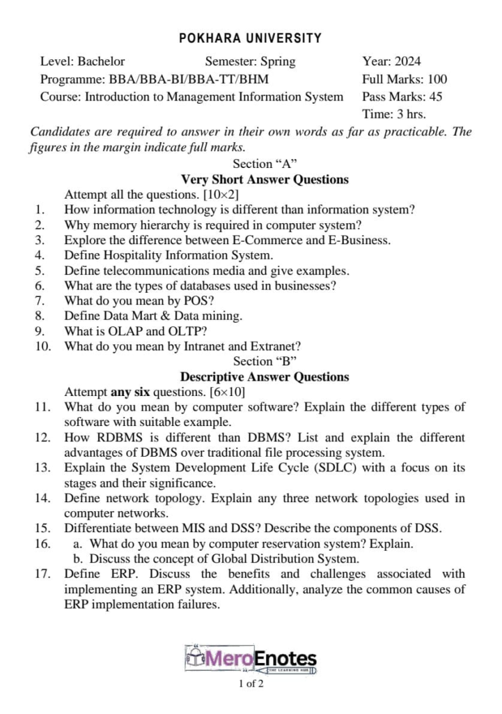 PU BBA BBA-BI BBA-TT BHM Introduction to Management Information System Question Paper