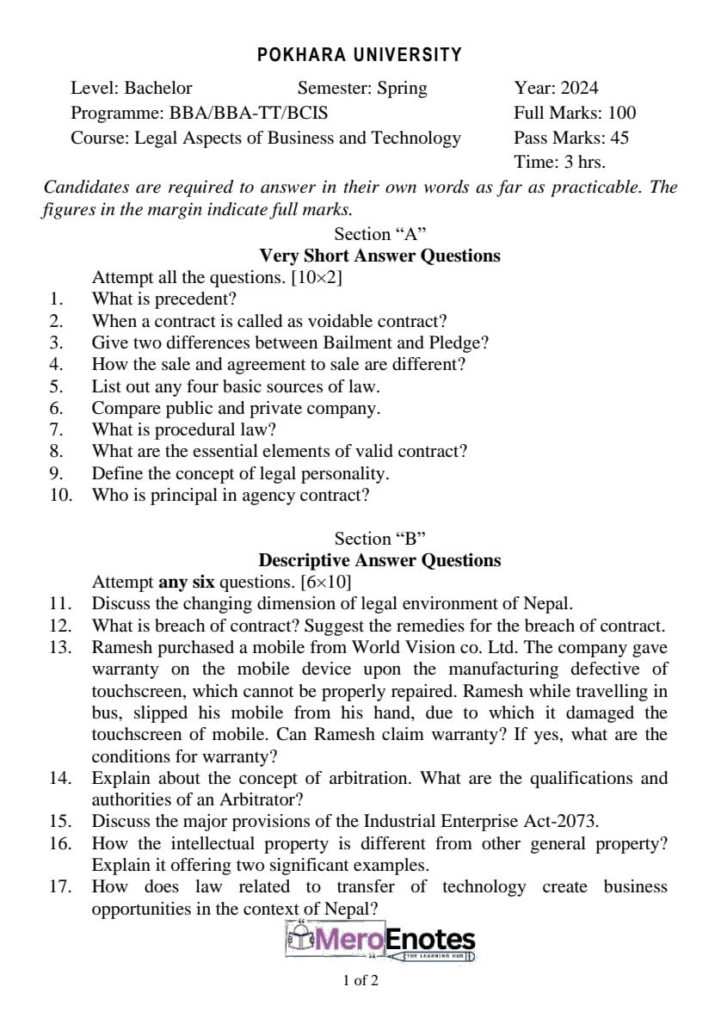 PU BBA BBA-TT BCIS Legal Aspects of Business and Technology Question Paper