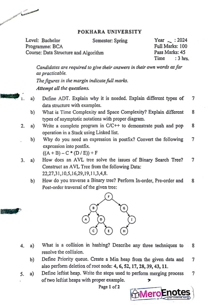 Pokhara University PU BCA DSA Question Paper 3rd Semester