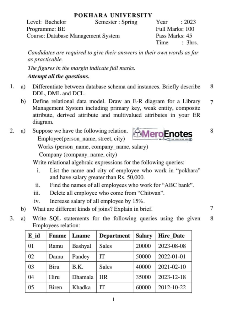 PU BE Computer Database Management System Question paper 3rd Sem
