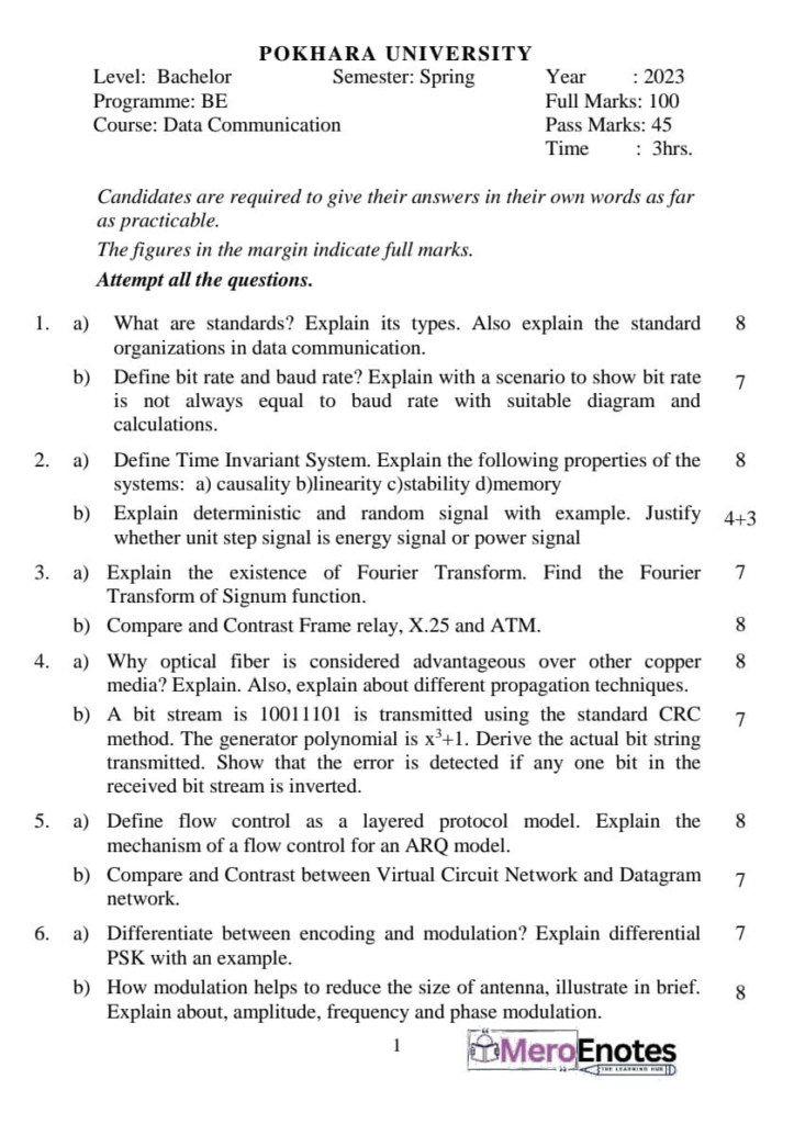 PU BE Computer Data Communication Question paper 3rd Sem