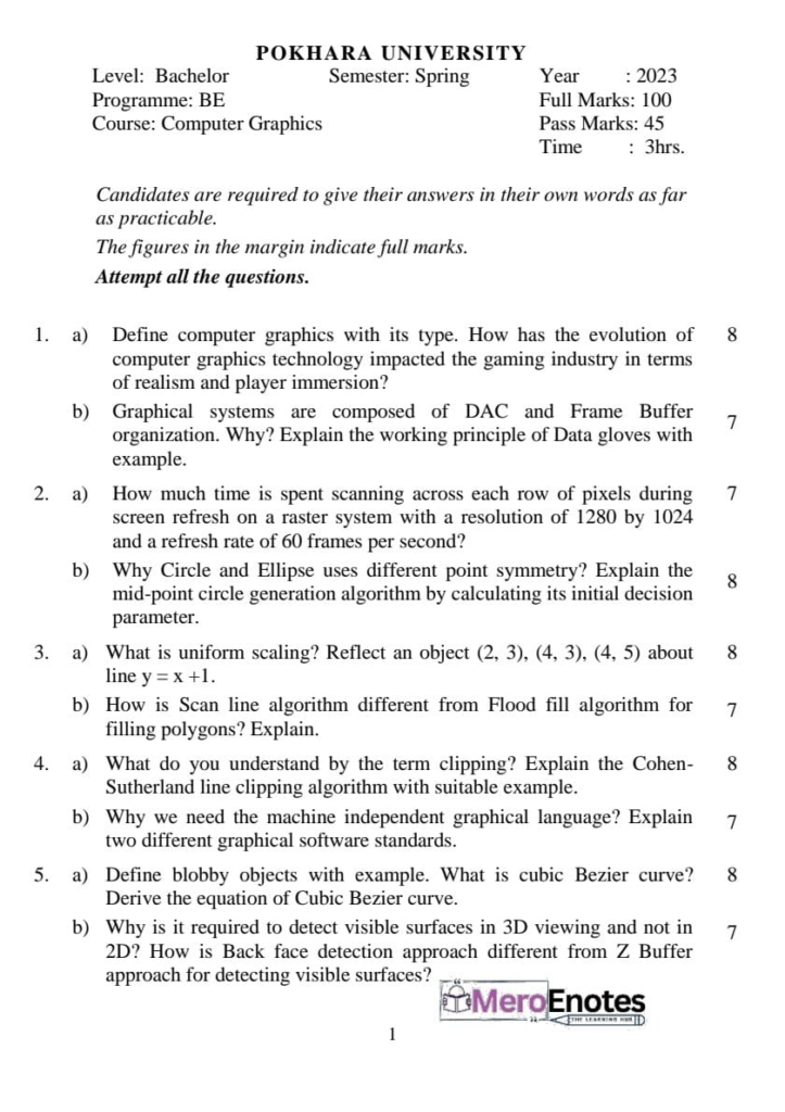 PU BE Computer Computer Graphics Question paper 3rd Sem