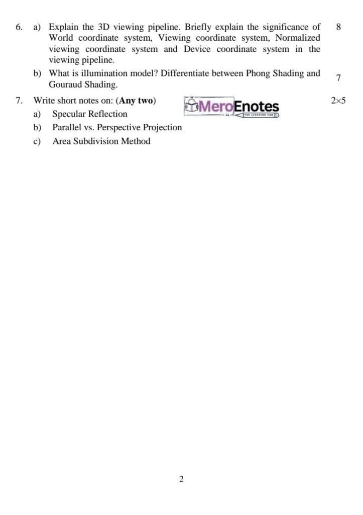 PU BE Computer Computer Graphics Question paper 3rd Sem
