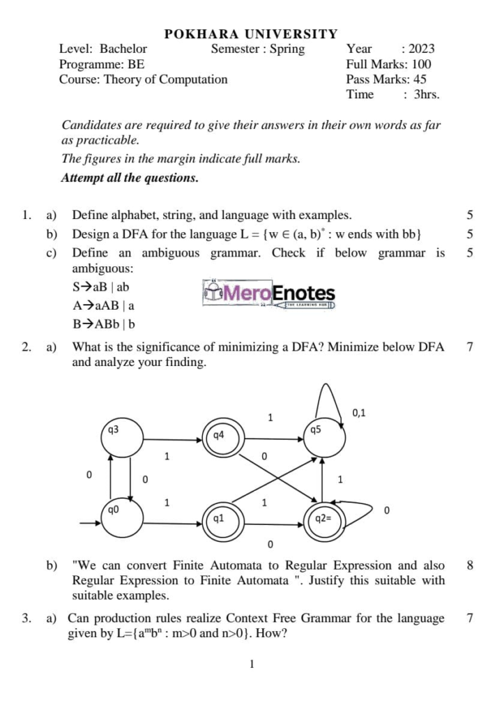 PU BE Computer Theory of Computation Question paper 4th Sem