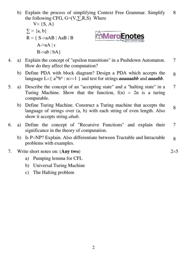PU BE Computer Theory of Computation Question paper 4th Sem