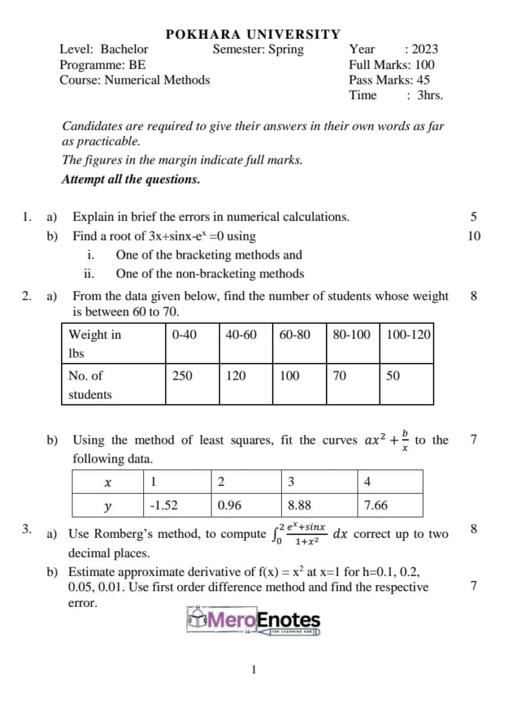 PU BE Computer Numerical Methods Question paper 4th Sem