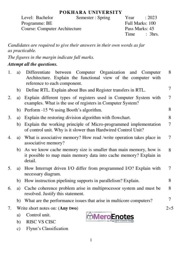 PU BE Computer Computer Architecture Question paper 4th Sem