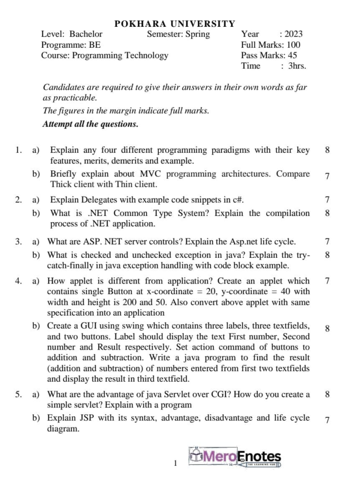 PU BE Computer Advance Programming with JAVA Question paper 4th Sem