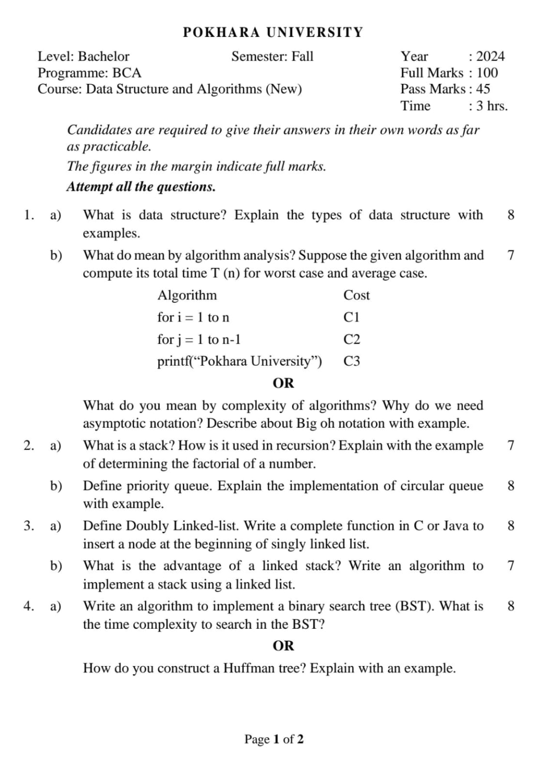 Pokhara University PU BCA DSA Question Paper 3rd Semester - Mero Enotes