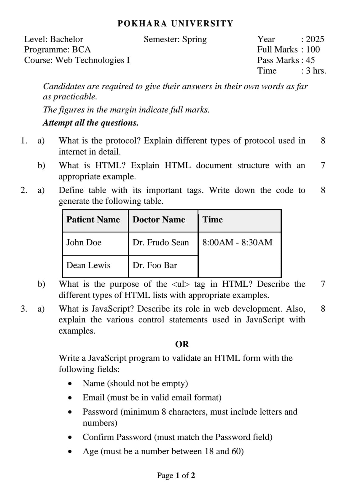 Pokhara University PU BCA Web Technologies I Question Paper 3rd ...