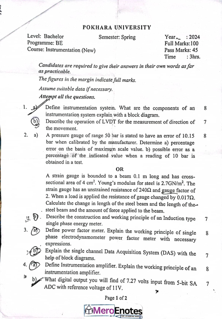 PU BE Computer Instrumentation Question paper 2nd Sem (2024 Fall)