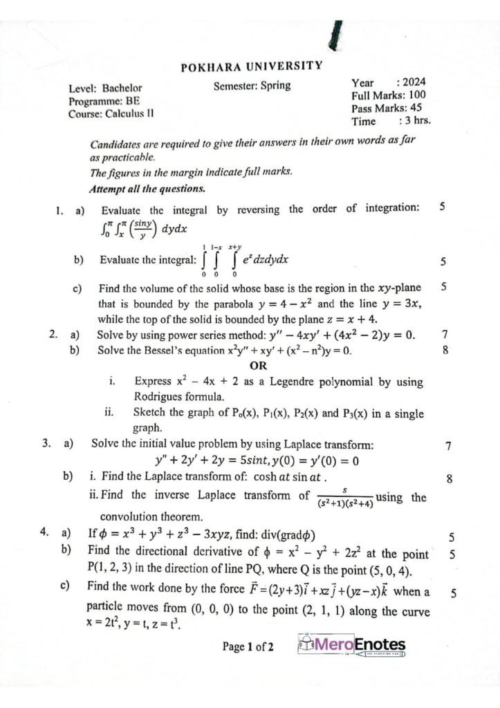PU BE Computer Calculus II Question paper 3rd Sem