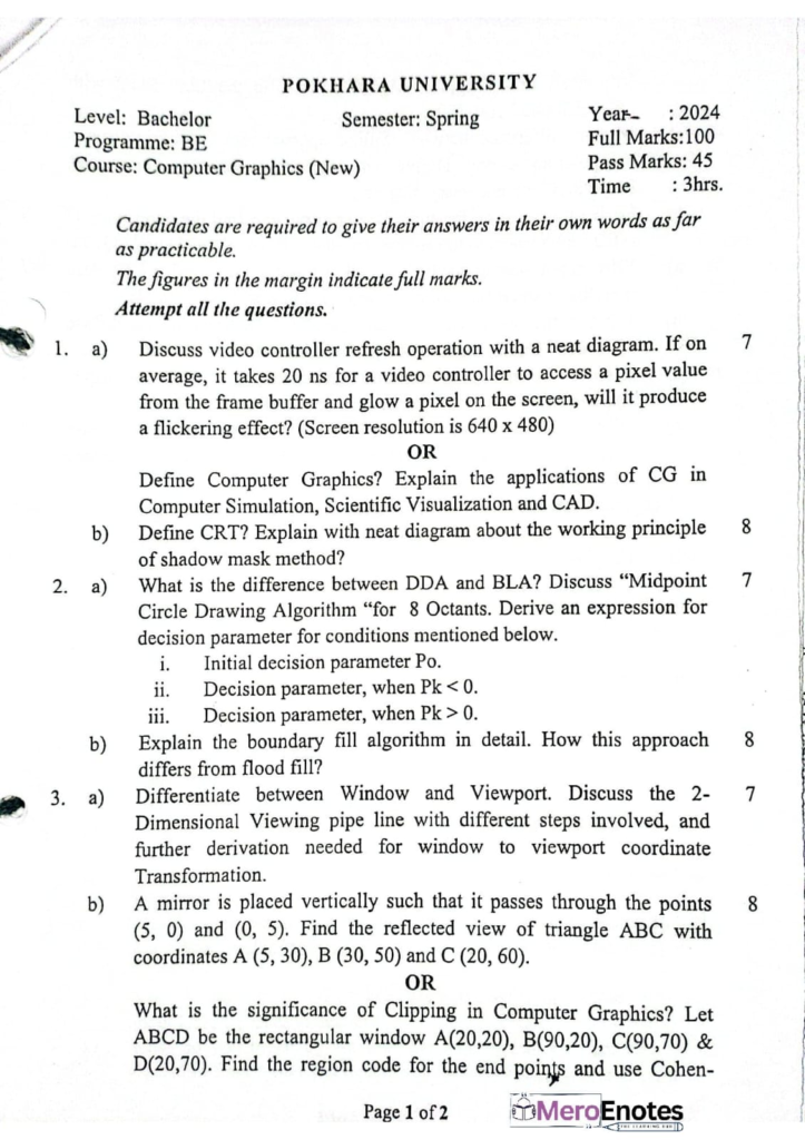PU BE Computer Computer Graphics Question paper 3rd Sem