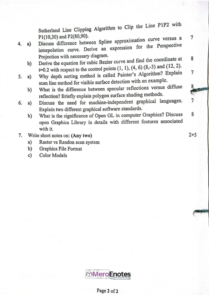 PU BE Computer Computer Graphics Question paper 3rd Sem