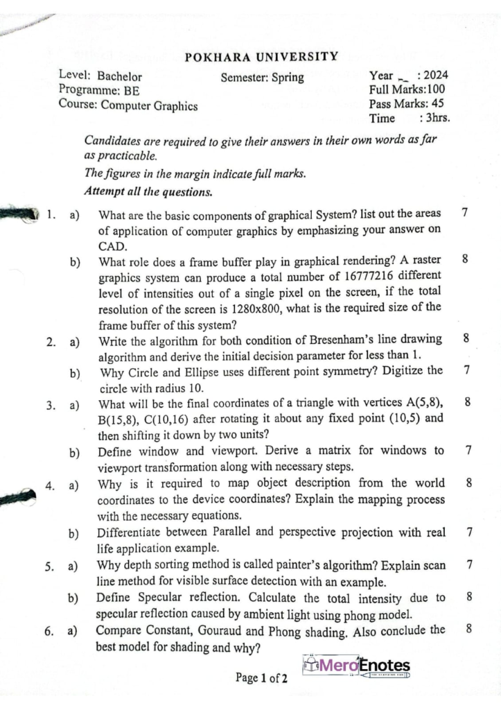 PU BE Computer Computer Graphics Question paper 3rd Sem