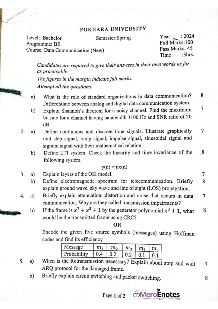 PU BE Computer Data Communication Question paper 3rd Sem