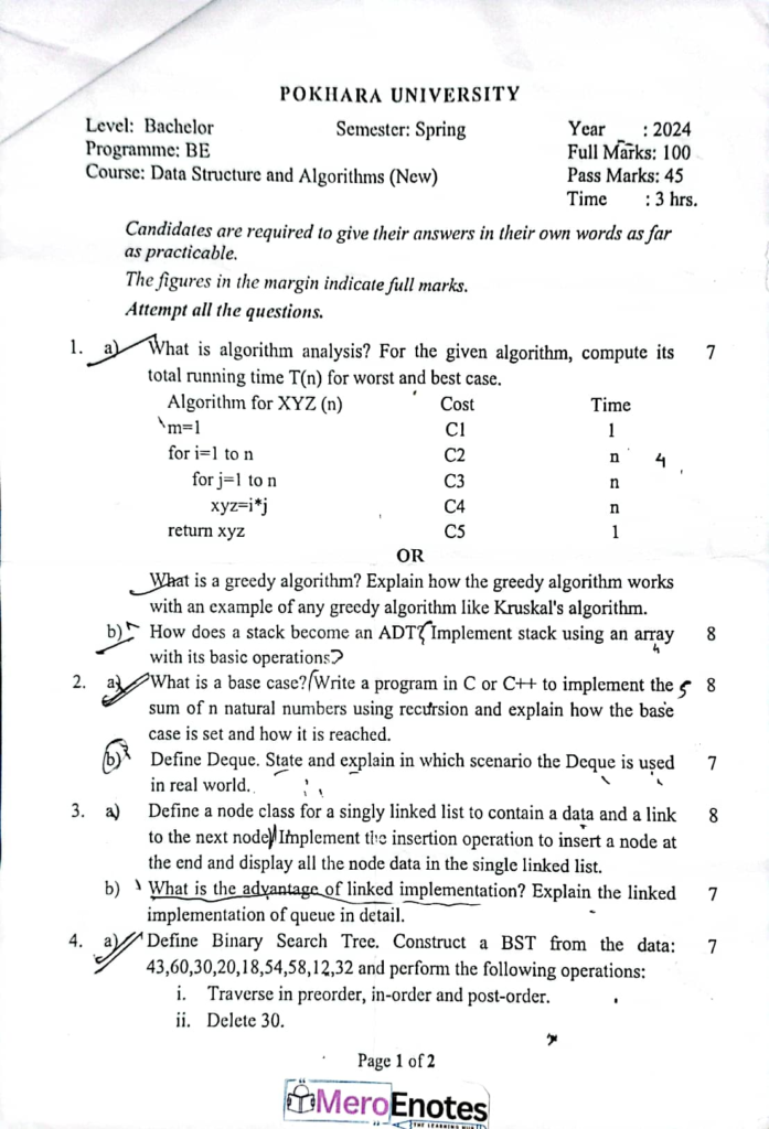 PU BE Computer Data Structure and Algorithms Question paper 2nd Sem (2024 Fall)